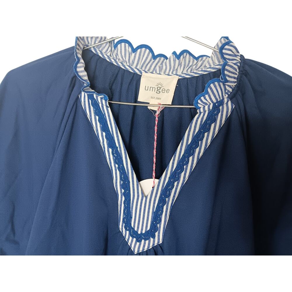 New with tags Umgee French Terry Mini Dress S Blue Ruffle Striped Trim Boho - Picture 9 of 16